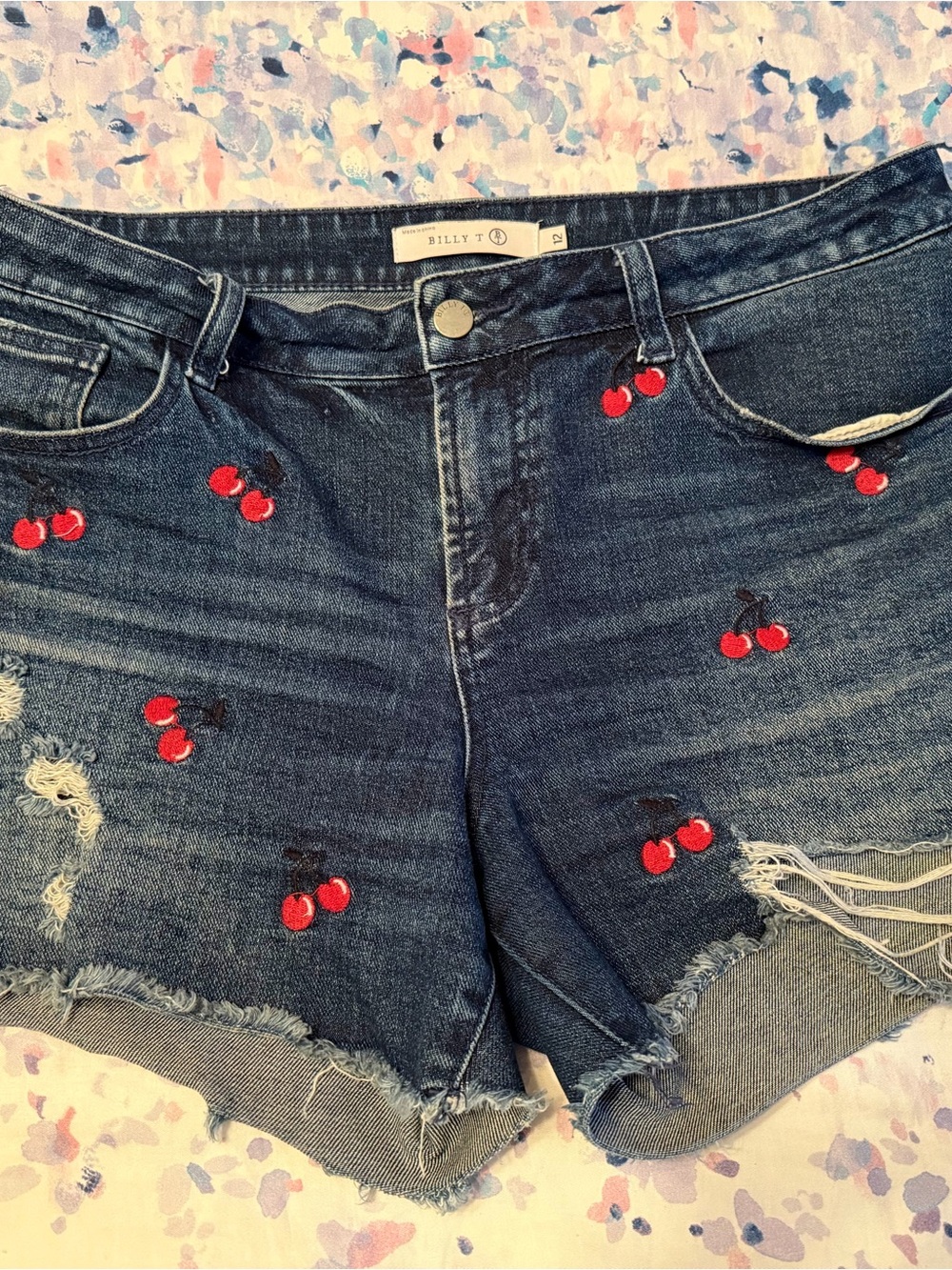 Billy T Cherry Embroidered Denim Cutoff Shorts